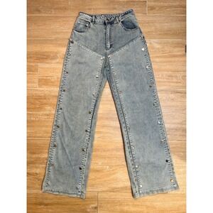 Queen Maria Snap Button Wide Leg‎ Jeans Womens M Light Wash Distressed